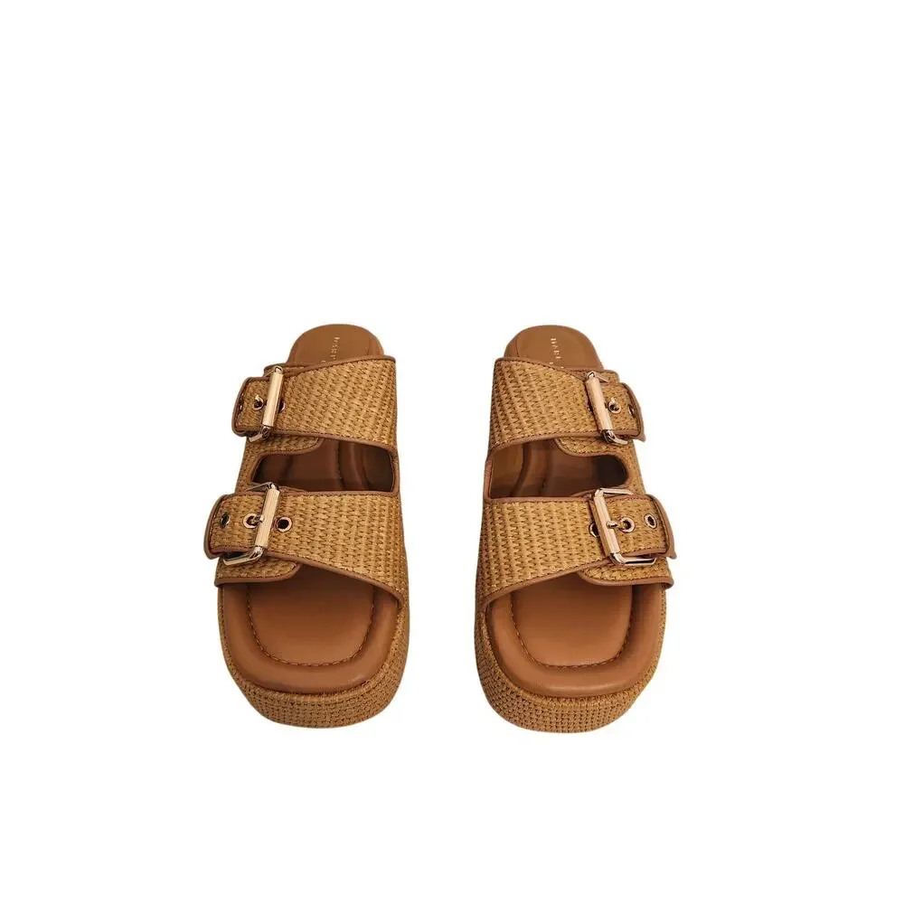 NIB Marc Fischer Poppy Platform Slide Chunky Sandal Natural Raffia 9M